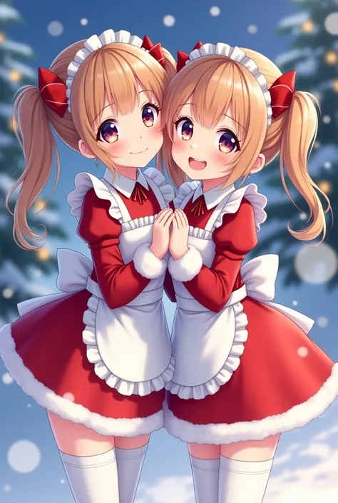 Anime Pretty Girl Twins、maid Santa Claus costume