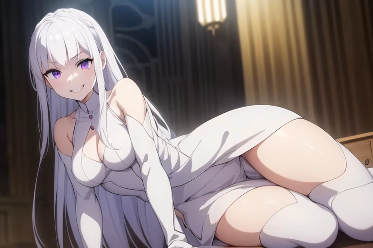 (masterpiece:1.2, It is the best quality :1.2),  1 girl , Unique , White hair, Long straight hair, Dark purple eyes, bad smile,  white clothes  , Chest, White socks