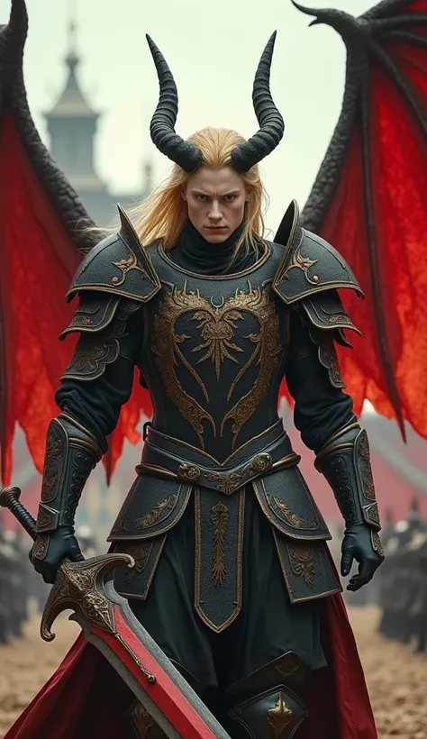 Full wide angle image A realistic image of a 25 year old young warrior with white skin, a fierce face, long golden hair, horns, and large red dragon wings. Wearing black armor with a magnificent gold pattern, ready for battle. In his hand was a black and r...