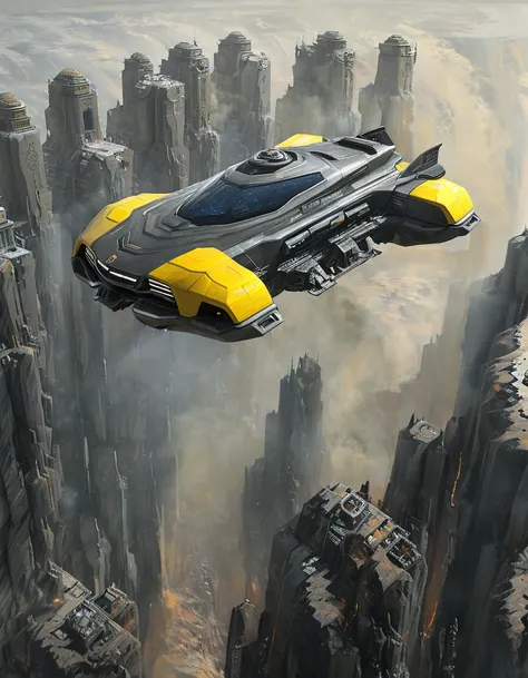 Ultra-realistic depiction of a charcoal-yellow hover car soaring above the rugged terrain of Saturn, its sleek design devoid of traditional wheels. The vehicles futuristic-free aesthetic blends seamlessly with the planets icy cityscape, tall skyscrapers, a...