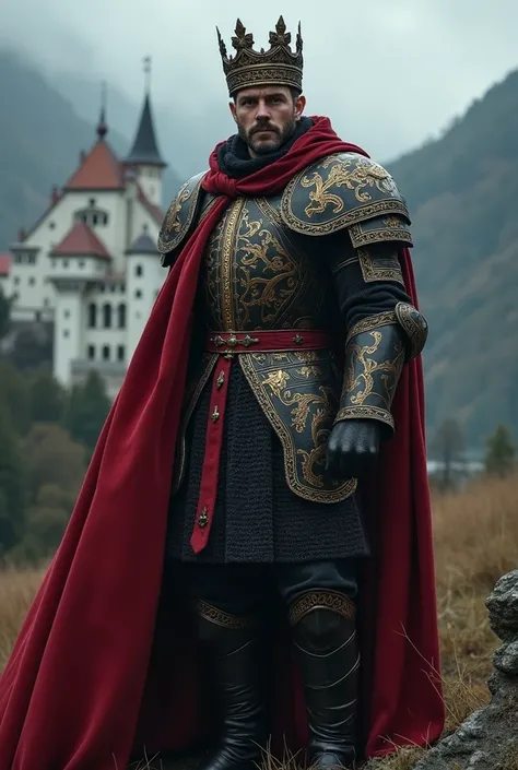 Animal: Eagle
Attire: Medieval royal armor and cape, inspired by Holy Roman Empire designs, with black, red, and gold accents and an ornate crown.
Location: Neuschwanstein Castle in Bavaria, framed by misty mountains and a stormy sky.

Would you like me to...