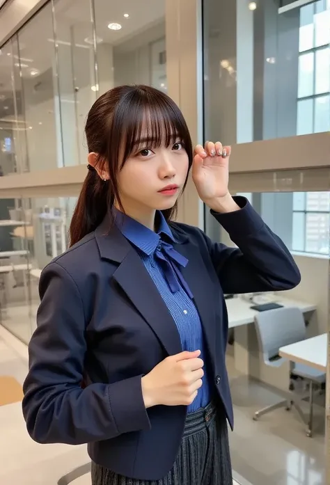 (8k、 RAW photos 、 top quality、  Masterpiece  :1.2)、( realistic 、 Photorealistic)、 1 girl、(( the beauty of the face with attention to detail 、Loafer Uniform、Dark blue socks、 blazer、Big Breasts、classroom、 ponytail、 seen from the front 、 stand with legs open、...