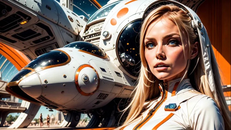 arafed image of a white woman in a futuristic suit with a spaceship in the background, movie art, in front of an orange background, inspired by Robert McGinnis, female protagonist, megastructure in the background, portrait of an ai astronaut, astronauts, a...