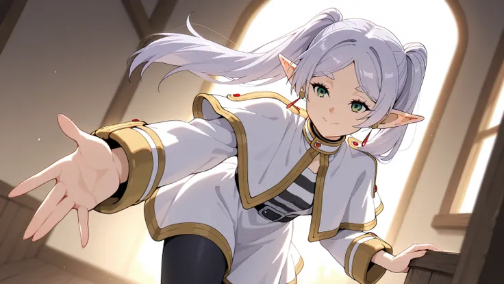 (masterpiece), best quality, absurdres, very aesthetic, nice hands, 1 girl,zzFrieren, long hair, smile,  twintails, green eyes, grey hair, pointy ears, elf, zzFrieren, long hair, twintails, green eyes, grey hair, pointy ears, elf, shirt, long sleeves, jewe...