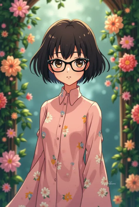 An anime girl wearing bold square glasses with a dark brown pixie hair cut with short hair in the back and bangs in the front, wearing a long baby pink shirt with floral print, with shorts underneath. Background mystical climbing flowers on a fence.