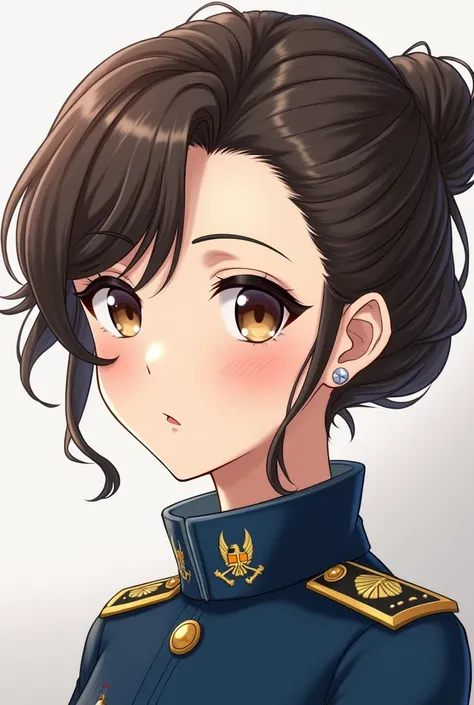 Girl with wavy hair, gathered in a bun, With brown eyes and hair with a delicate and uniform face of the Colombian Air Force 
Anime style 