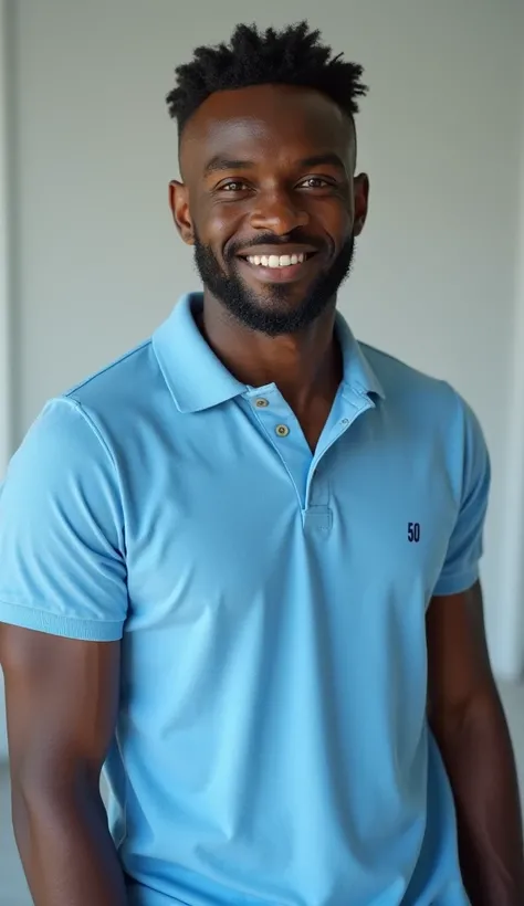 Black man 50 years old, baby blue polo t-shirt