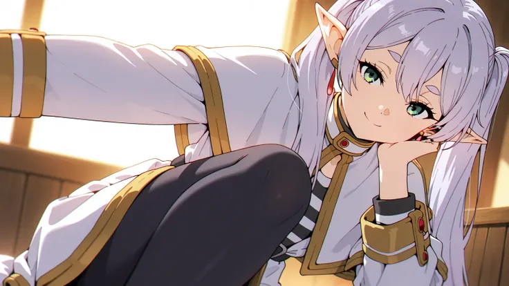 (masterpiece), best quality, absurdres, very aesthetic, nice hands, 1 girl,zzFrieren, long hair, smile,  twintails, green eyes, grey hair, pointy ears, elf, zzFrieren, long hair, twintails, green eyes, grey hair, pointy ears, elf, shirt, long sleeves, jewe...