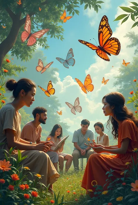  A vibrant image of several butterflies showing their colors together with people creating art, music or literature .
.



