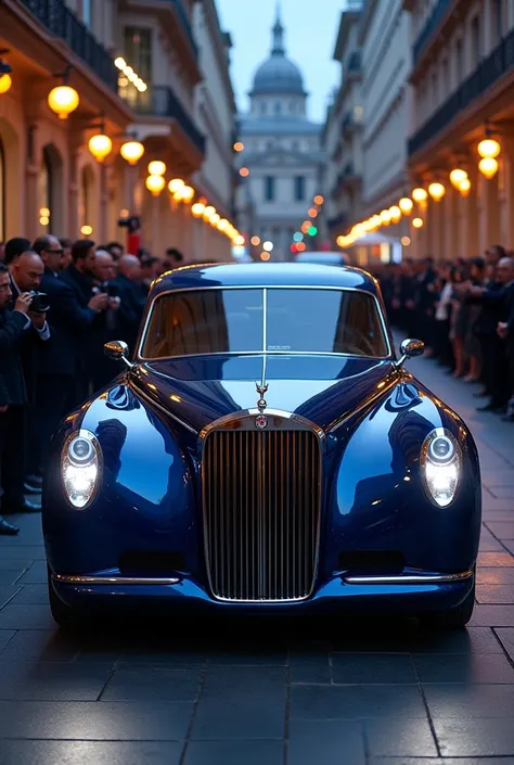 a realistic version of an extreme luxury limousine 12 meters long in the color navy blue with chrome details made by the mini ,  symbol of the brand highlighted on the front of the car with a modern and futuristic design arriving at a gala event in the eve...