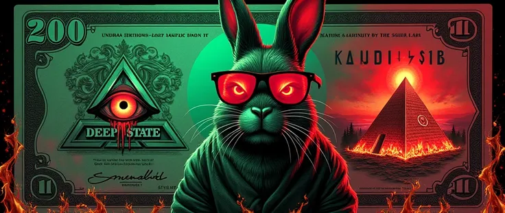 logo pochoir en seulement 2 couleurs rouge et vert en forme de billet de banque ultra flippant avec écrit "200 DEEP STATE " avec lièvre en lunettes rouges et pyramide avec œil Illuminati qui pleur du sang partout et Lucifer qui met le feu au Mapp sataniste...