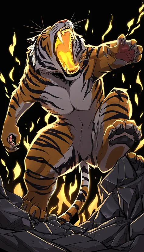 An angry tiger roaring, its body was cracking, theres yellow light coming out from the cracking, theres fire ember around it as it step its front leg , on black rocky ground , dark black background 