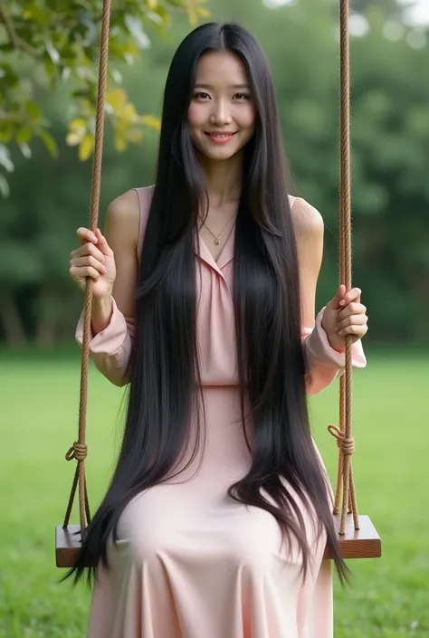 （最 High Quality  。  High Quality  。  highest resolution 。  ultra-realistic pictures  。  Full Body Portrait  。）  very long hair of a young and beautiful woman 。 Her hair is about 9 meters long  。She is 21 years old。  she is on a swing in her lawn garden。Her...