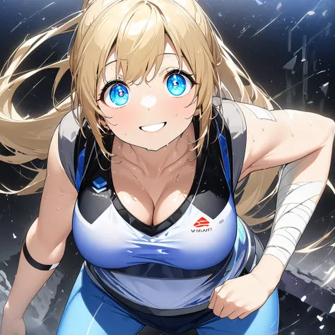 最high quality、best image quality、masterpiece、girl((20-year-old、 By becoming、vest bust、medium bust,wide open breast tea、Shining eyes, blonde、long hair、thin,highest valley、ponytail、action of looking up、Bandage on right arm、Sportswear with a wide open chest、s...