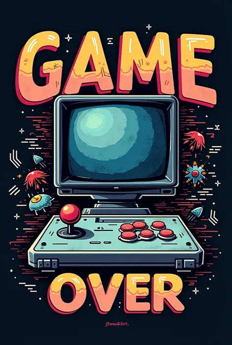 Create a vintage-style illustration inspired by the phrase Game Over. The design should feature a retro video game aesthetic, with a pixelated or arcade-inspired character, such as a 8-bit gamer or retro joystick, in the center. Surround the character with...