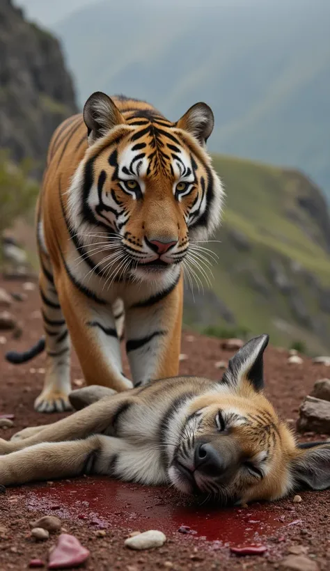 The image depicts a powerful and majestic tiger standing over a resting wild hyena with its eyes closed, seemingly killed by the tiger and with blood all around it, in a rugged, mountainous landscape. The tiger’s intense gaze and crouched posture suggest i...