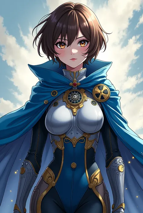 drawing style my hero Academia , girl, short brown hair with golden sparkles, thesis Clara,  full body, eyes black color.
Dressed in a mix of futuristic armor and dark elegance,  with a predominance of bright silver and electric blue that flash with energy...