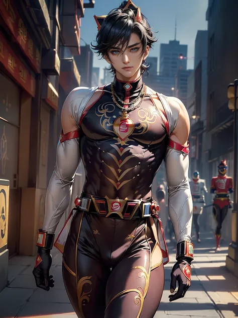 (masterpiece,best quality,ultra_detailed,highres,absurdres), (detailed shadow), (quality light), 1 (mature_male:1.9) (korean_male_courtesan_super_sentai:1.9) (with bulge:1.6), 15-ish, (muscleale focus), (solo:1.7), short black Quiff hair with Soft Fringe (...