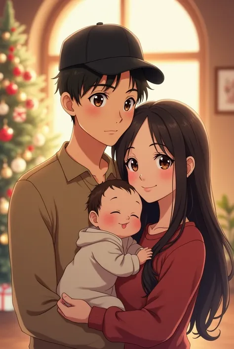 Anime-like photograph  , a young family ,  they all have light brown skin ,  the dad with the thin face, beautiful eyes, delgado,  with a black cap and beige shirt ,  hugging his wife and carrying their baby a 2-month-old girl the baby looks like his wifes...