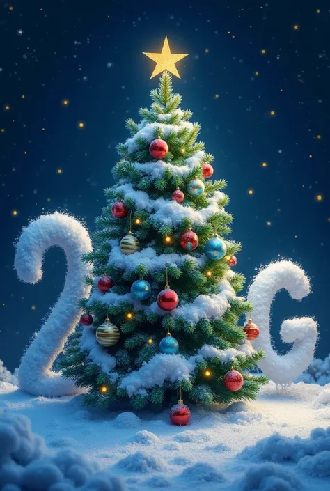  I would like to generate a Christmas icon , Let the background be at night , There is a Christmas tree where the decorations on the tree form a W and that on the right there is a 2 of snow and on the left a G of snow are centered