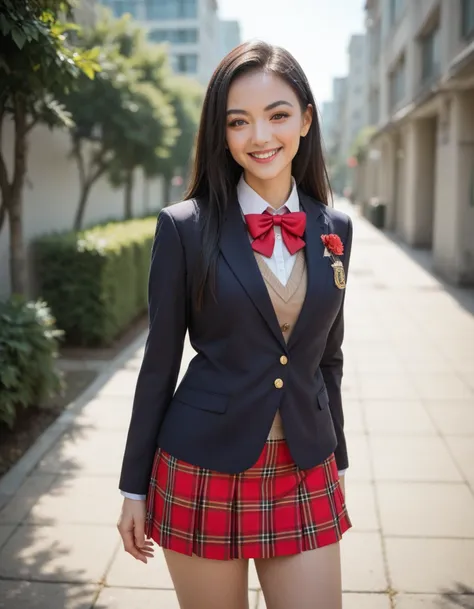 (masterpiece, best quality:1.0), highly detailed,  detail,  1girl, Chinese girl, highschool student, long hair, black hair, UNiform, red bowtie, collared shirt, sweater vest, blazer, black blazer, opened jacket, long sleeves, plaid skirt, brown skirt, mini...