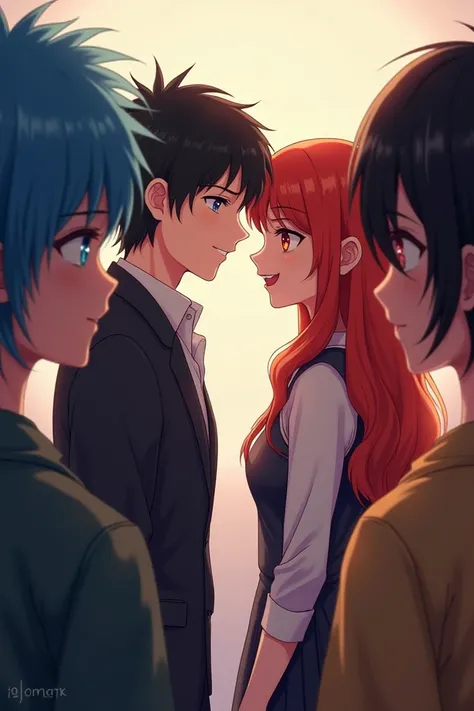 

> " Two friends observe a dating couple with an expression of disappointment.  One of the friends has blue hair and the other has dark hair . The couple is in the center :  the girl is red-haired with heterochromatic eyes  (one blue and the other red ), ...