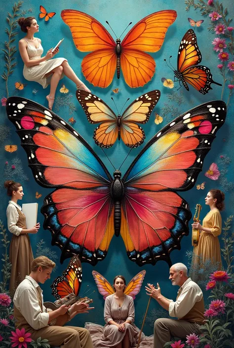 A collage that represents butterflies with colorful patterns and people expressing themselves through visual or performing art.

