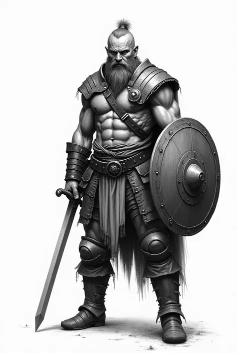  Black and white drawing of noble warrior with round shield , leather sword and jock 