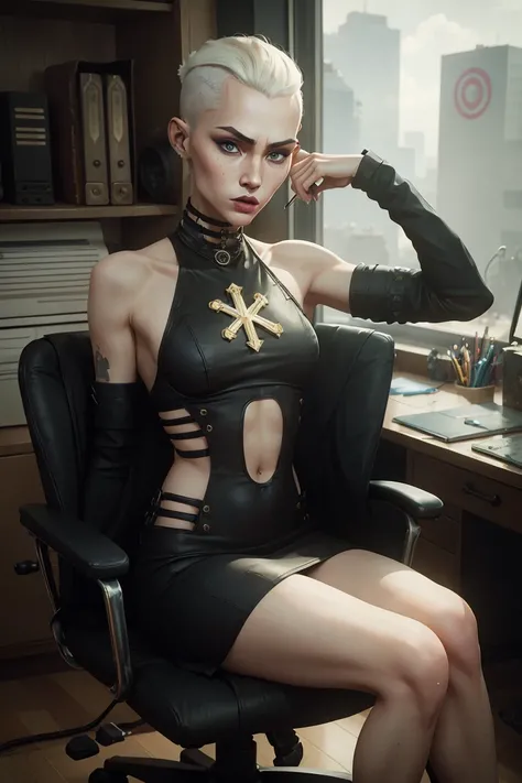 (Masterpiece:1.2, Best quality, cyberpunk), (real photo, Intricate details), (1lady, solo, Slender body, small breast,)，old face  Experiment with appearance：Shave your head or white barbershop style short thick hair color，Barbershop style, Quiff hairstyle,...