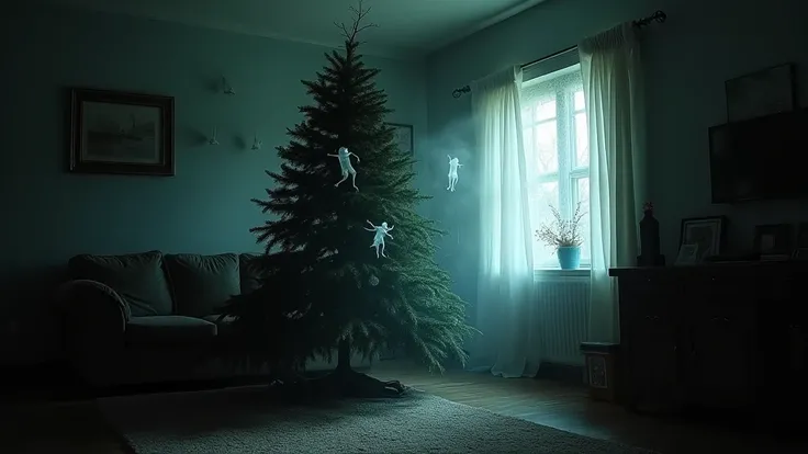 A dark and eerie scene of a living room with a towering Christmas tree, its branches twisted unnaturally, casting long, creepy shadows across the room. The tree stands in the corner, but its ornaments have started to crack open, revealing ghostly, transluc...