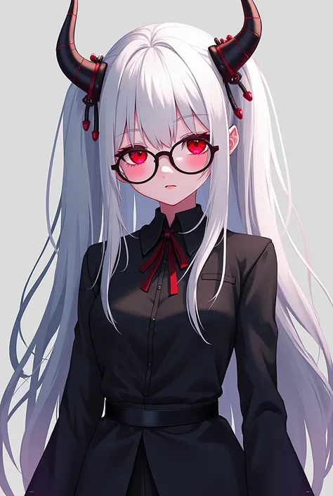  I would like to generate a profile picture for a YouTube channel, I would like a vampire ,  White hair,  red eyes,  but looking like a gamer , a black outfit,  wearing glasses and anime style ,  long hair, loli style, as anime as possible  