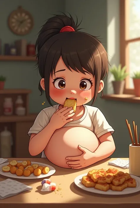 A girl eating and her belly swells while eating