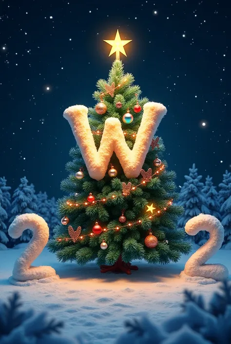  I would like to generate a Christmas icon , Let the background be at night , There is a Christmas tree where the decorations on the tree form a letter W and that on the left there is a G of snow and on the right a 2 of snow are centered