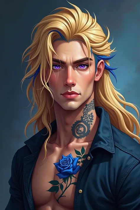 Dan, hes 62 hes handsome, he have one of the greatest physiques there, he has a Blonde hair with Blue tips and in his neck is visible a tattoo, a blue rose, and has some vibrant Purple eyes ((handsome)) (()) ((long hair))