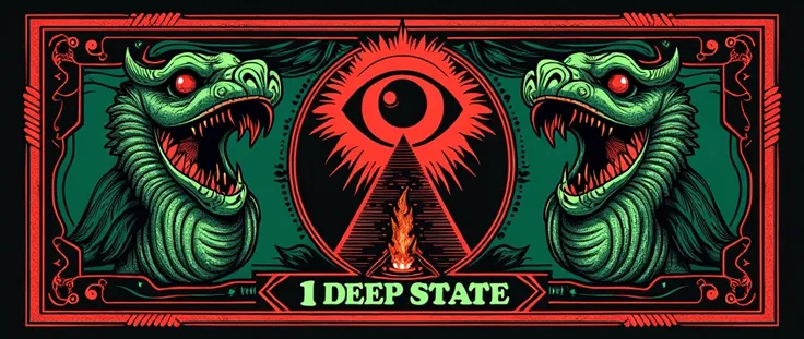 logo pochoir en seulement 2 couleurs rouge et vert en forme de billet de banque ultra flippant avec écrit "1 DEEP STATE " avec Dragon en lunettes rouges et pyramide avec œil Illuminati qui pleur du sang partout et Lucifer qui met le feu au Mapp sataniste u...