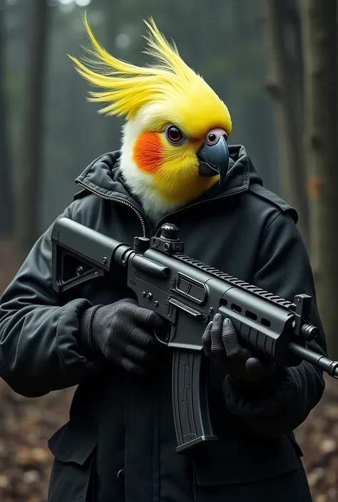 A cockatiel with a tuft and a black jacket, with machine gun in hand 