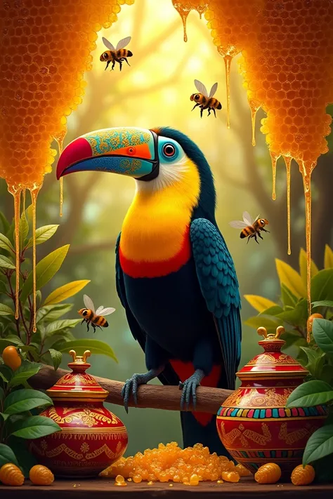 Toucan with honeycombs bees and honey pots with the text TUKANO