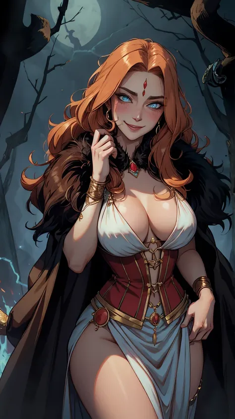 wolf woman, stands with a mischievous smirk over her full fur, ginger fluff and long, luxurious hair. His see-colored eyes sparkle with charm and mischief. The large bosom of her magical clothing remains ancient dress and outfit, adding to her mystical and...