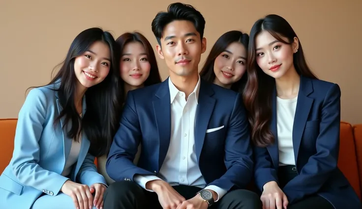 Make a group cover photo of a Korean guy handsome face wearing a light blue blazer and white shirt and black trousers sitting together Three Korean girls beautiful faces long straight hair clothes Dark blue blazer and white shirt and black trousers are smi...