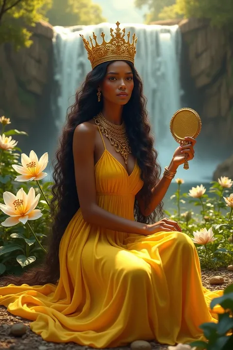 Create an image of Oxum,  woman with long hair, with a golden crown, sitting,  dressed in yellow ,  holding a small golden mirror in her right hand, with the landscape of a waterfall and surrounding lilies 