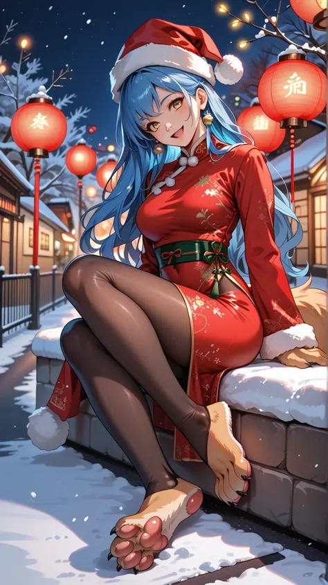 Furry ,  Anthropomorphic fluffy fox, blue-blue hair,  animal paws ,  tantalizing paws ,  detailed paw soles ,  happy yellow eyes ,  long hair, long qipao , in tights, winter, Lots of snow on the streets., темная Night,  Santas winter and Christmas clothes ...