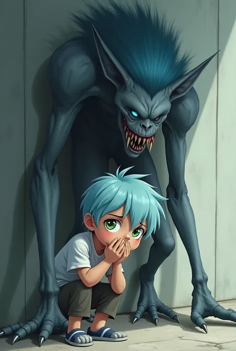 Make me a picture of a boy, with light blue hair and bright green eyes, hiding in front of a wall, covering his mouth, and a human-like creature with pallid gray skin, bright blue eyes, dark blue hair, and elongated finger ending with sharp talons is lurch...