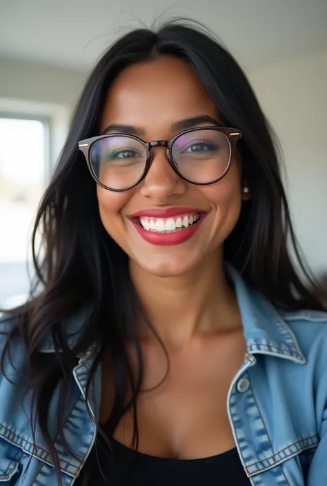 A close-up portrait of a very fat young woman with long, straight black hair and a radiant smile. She has light brown skin and wears thin-framed round glasses. Her lips are painted red, enhancing her cheerful expression. She is dressed casually in a blue d...