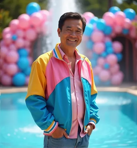 A Thai man 55 years short dark brown hair , looking at viewer, wearing a pink-blue-yellow shirt and jacket, jeans, the back is a swimming pool, with pink and  blue fountains, pink and blue  balloons on the background , party poolside atmosphere