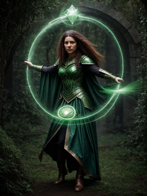 A powerful spell to create a magical barrier of protection, a woman using green magic to summon a magical shield perfect for a fantasy world.