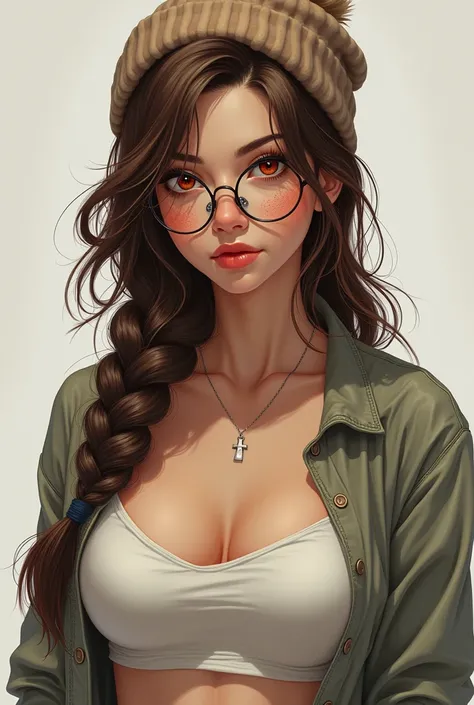 Brown hair, red eyes, braid, large breasts, slim waist, round butt, round glasses, freckles, beanie, light jacket, ultra realistic