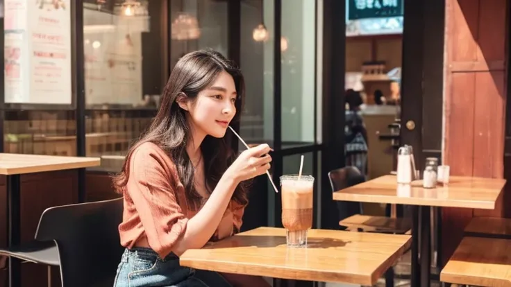 woman sitting at a table with a drink in her hand, drinking a strawberry iced latte, thawan duchanee, xintong chen, jaeyeon nam, with a straw, with a drink, inspired by Kim Jeong-hui, holding a boba milky oolong tea, krystal, nivanh chanthara, in a coffee ...