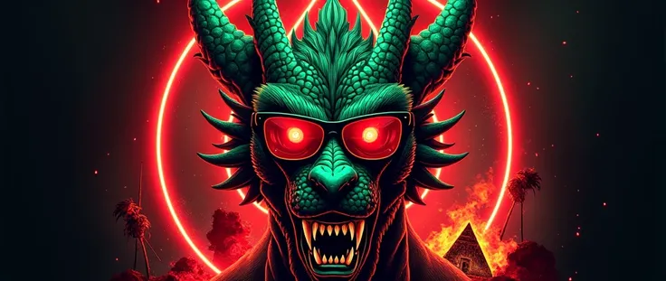 logo pochoir en seulement 2 couleurs rouge et vert en forme de billet de banque ultra flippant avec écrit "5 DEEP STATE fiducie Bank Corp " avec Dragon en lunettes rouges et pyramide avec œil Illuminati qui pleur du sang partout et Lucifer qui met le feu a...