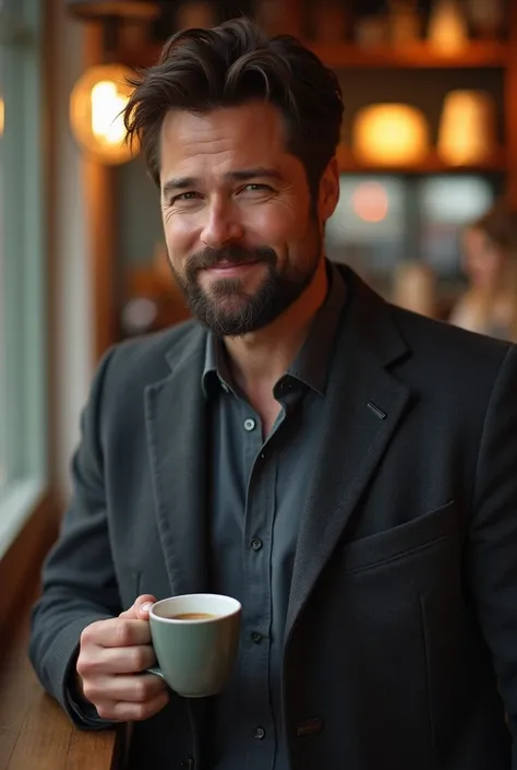 Visual:  Standing by the cafeteria counter ,  the protagonist holds a cup of coffee while talking to a woman who cannot hide her interest .  He wears a dark gray jacket over an impeccable shirt able ,  combining simplicity and style .  The three-day beard ...