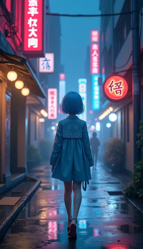  imaginary　rain　night　Building district　Back Alley　 NEON STREET 　 light blue coat 　White embroidery　 pretty girl 　Light blue short hair